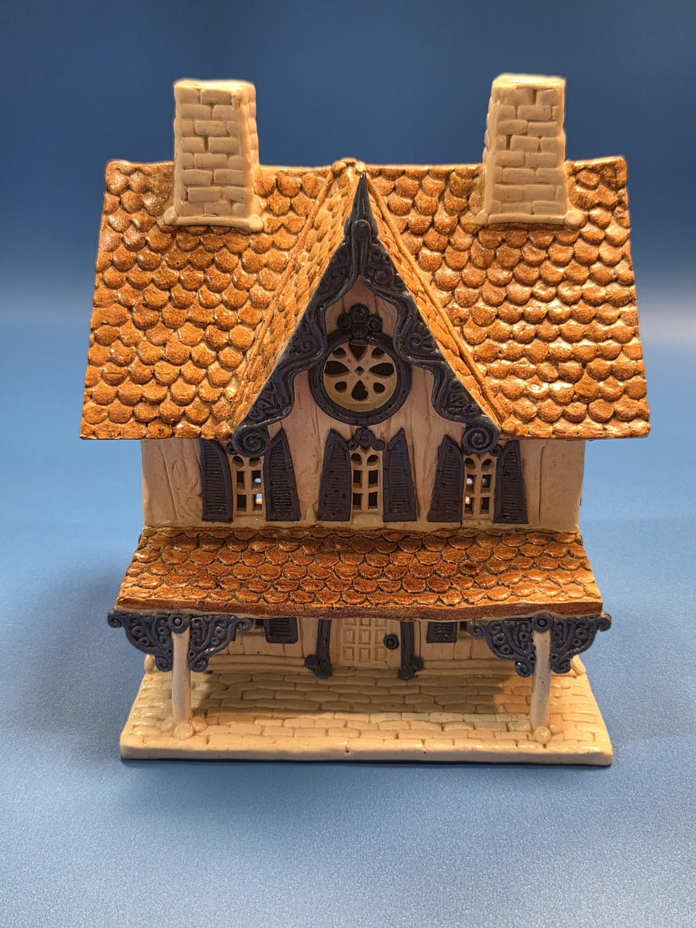 Blue and Honey Brown Decorative Miniature Cottage - Home Accent 8"